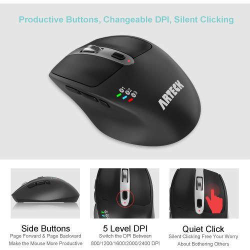 Arteck Multi-Device Wireless Bluetooth Mouse Ergonomic Silent Clicking Backward Forward for Desktop PC Laptop Mac iPad Build in Rechargeable Battery