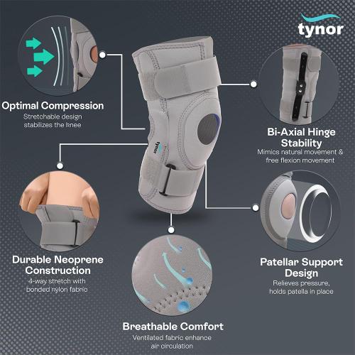 Size Large TYNOR Hinged Knee Brace with Double Strap Adjustable Neoprene Knee Support For Men & Women, Arthritis, Meniscus Tear, ACL with Open Patella with Removable Metal Hinges & Side Stabilizers