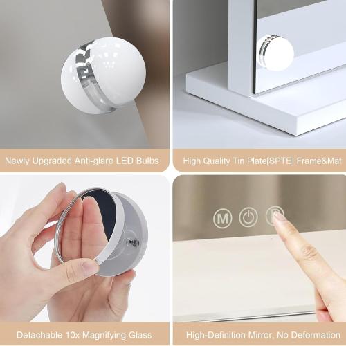 Hollywood Vanity Mirror with Lights, Tabletop Makeup Mirror with 20 Dimmable LED Bulbs, 3 Color Lighting Modes, Vanity Mirror for Bedroom, Touch Control, Tabletop or Wall-Mounted, White