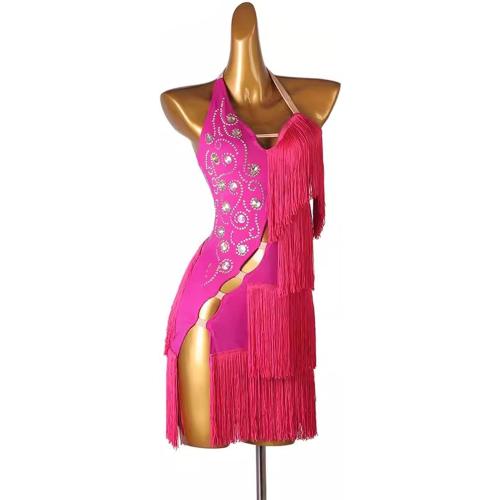 Sleeveless Latin Dance Dresses for Woman Salsa Dance Costumes with Rhinestones Professional Tango Competition Skirt  pink ? small