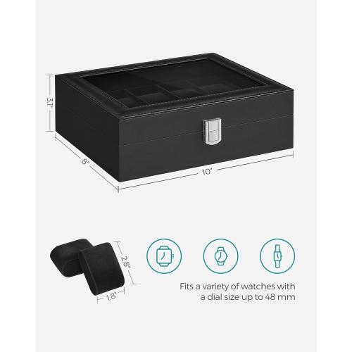 SONGMICS Watch Box, 10-Slot Watch Case Organizer with Large Glass Lid, Removable Pillows, Christmas Gift, Black Synthetic Leather, Black Lining UJWB010B02