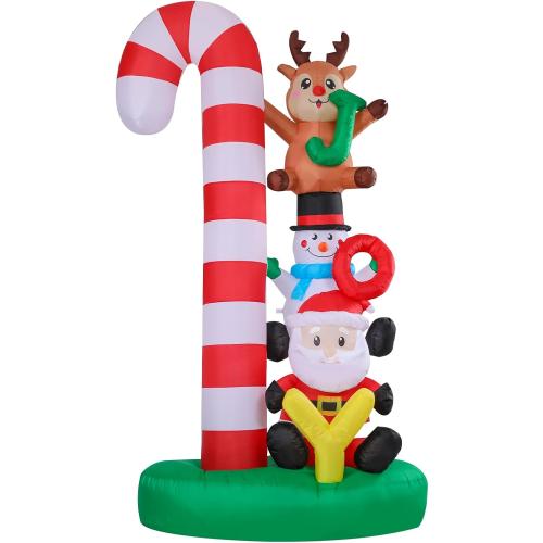 Christmas Inflatables Outdoor Decoration 8 FT Santa Claus Joy Reindeer Snowman Candy Cane Inflatable with LED Light Christmas Blow Up for Lawn Garden Holiday Party Yard Xmas Decor
