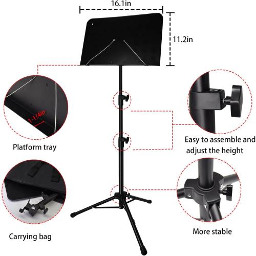Sheet Music Stand with Light and Phone Holder, 57 Portable Music Stand for Sheet Music High Stability, Height Adjustable Music Stands with Carrying Bag(33-57inch, Plate without hole)