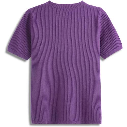 Women Crew Neck Casual Kint T Shirt Solid Short Sleeves Knitted Rib T Shirt Top