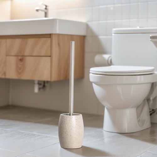 Toilet Bowl Brush and Holder with Stainless Steel Long Handle, Toilet Scrubber Brush with Durable Base, 360° Deep Cleaning Bristles for Bathroom, Compact Set for Small Space (Beige)