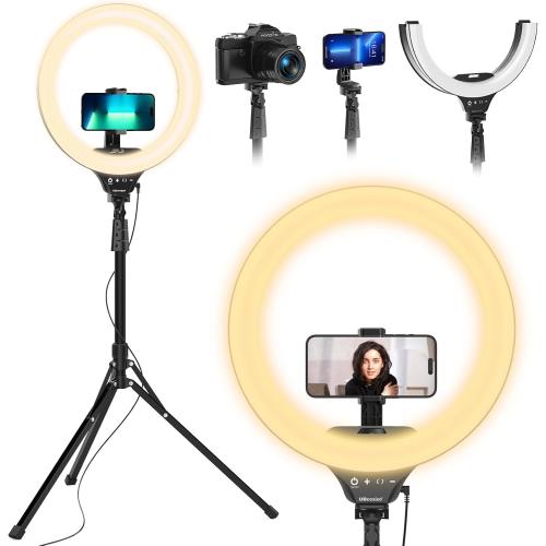 UBeesize 14'' LED Foldable Ring Light with 62'' Tripod Stand, Selfie Ring Light for Video Recording, Live Streaming, TikTok & YouTube, Compatible with iPhone & Android (Black)