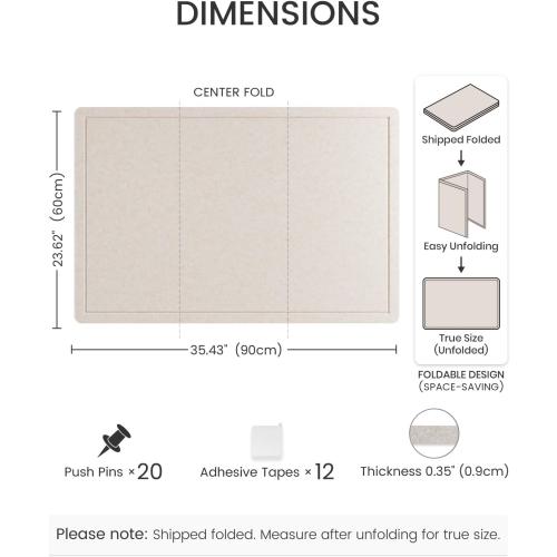 Fluxynara Bulletin Board,35.4 x 23.6 Cork Board Alternative with 12 Safe Removable Adhesive Tabs, Foldable Felt Pin Board for Home Office, Classroom, Bedroom,Entryway for Walls—Oatmeal