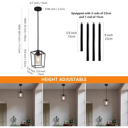 Pendant Light Fixture,Adjustable Black Iron Cage Farmhouse Metal Kitchen Island Hanging Light with Clear Glass Shade, Suitable for Kitchen Island, Entrance, Dining Room, Hallway(1 Light)…