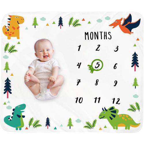 White And Dinosaur Print Baby Monthly Milestone Blanket Boy - Dinosaur Neutral Newborn Month Blanket for Boy & Girl Personalized Shower Gift Soft Plush Fleece Photography Background Prop
