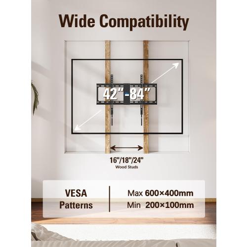 Mounting Dream TV Mount Fixed for Most 42-84 Inch Flat Screen TVs, TV Wall Mount Bracket up to VESA 600 x 400mm and 132 lbs - Fits 16/18/24 Studs - Low Profile and Space Saving MD2163-K