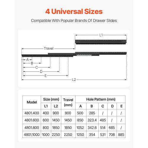 VEVOR Undermount Heavy Duty Drawer Slides, 16 24 32 40 Inch 260 lb Load Capacity Full Extension Ball Bearing Under Stair Cabinet Rails, Bottom Stair Cabinet Glides Track Runners(32inch, Black)