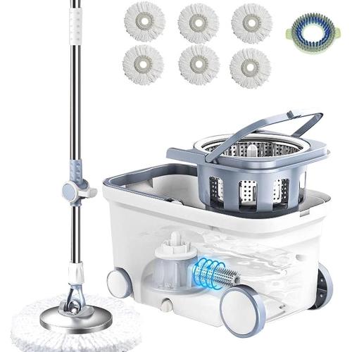 Spin Mop Bucket Deluxe 360 Spinning Floor Cleaning System with 6 Microfiber Replacement Head Refills,62 Extended Handle,4X Wheel for Home Cleaning