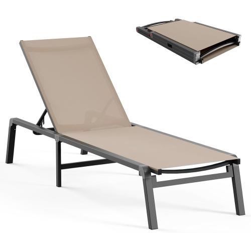 Aluminum Chaise Lounge Ourdoor - Foldable & Assemble Free Outdoor Lounge Chair with 5 Adjustable Backrest, Patio Lounge Chair for Outside Poolside Beach Pool, Khaki