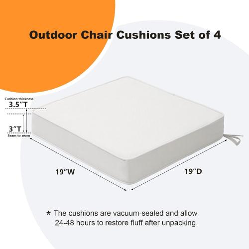 Unimatta Square Corner Seat Cushions, 19 x 19 x 3, Set of 4, Indoor Outdoor Water Repellent Universal Chair Pads with Ties for Patio Furniture, Garden Deck Dining Chairs, Linen