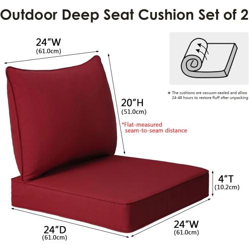Unimatta Outdoor Patio Chair Cushions Set, 24 x 24, Set of 2, Water-Repellent, Fade Resistant, Deep Seat Bottom and Back Cushion for Backyard, Couch, Sofa and Patio Furniture, Red