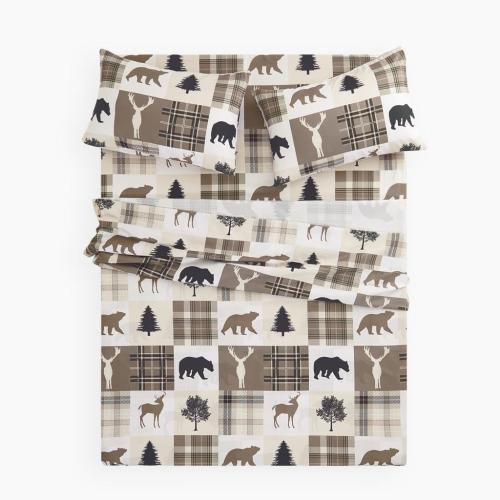 Wake In Cloud - Rustic Bed Sheets, 3-Piece Sheet Set, Cabin Christmas Lodge Western Country Bear Deer Holiday RV Outdoor Theme Bedding, Deep Pocket, Taupe, King  Size