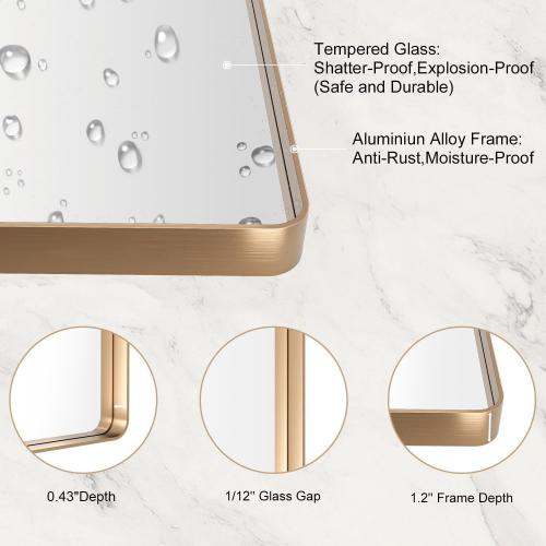 LOAAO 40”X36” Gold Bathroom Mirror, Rounded Rectangle Gold Frame Mirror, Brushed Gold Bathroom Vanity Mirror Wall-Mounted, Anti-Rust, Tempered Glass, Hangs Horizontally or Vertically
