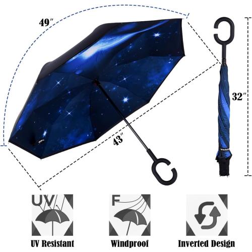 Inverted Umbrella, Windproof Reverse Umbrellas for Rain with Reversible Inside-Out Design Large Upside Down Umbrella for Women & Men with C-shaped Handle (Universe)
