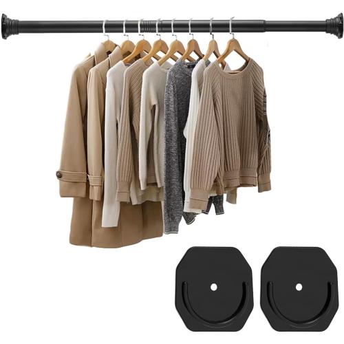 Closet Rod, 30 to 42 Inch Adjustable Closet Rods for Hanging Clothes Heavy Duty Closet Hanging Rod Matte Black Closet Poles for Wardrobes with No Drilling Holder