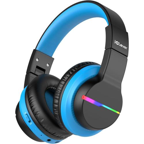 iClever BTH12 Kids Bluetooth Headphones,Colorful LED Lights,74/85dBA Safe Volume,85H Playtime,Bluetooth 5.2,Over Ear Wireless Headphone Built-in Mic for iPad/Tablet/Airplane, Deep Black