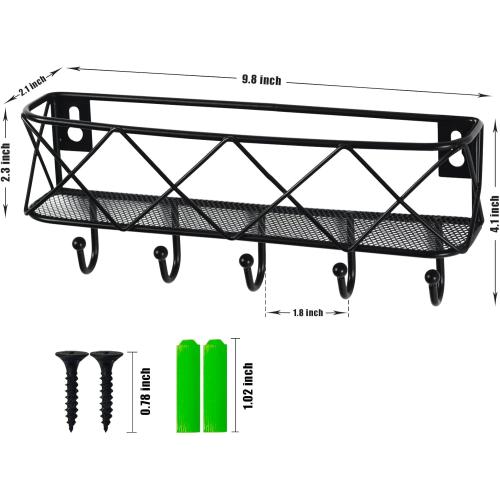 HappyHapi Key Holder for Wall Decorative, Entryway Key Hooks, Wall Mounted Key Rack with 5 Hooks, Metal Wire Mesh Basket Mail Holder, 9.8”Lx2.1”Wx4.1”H