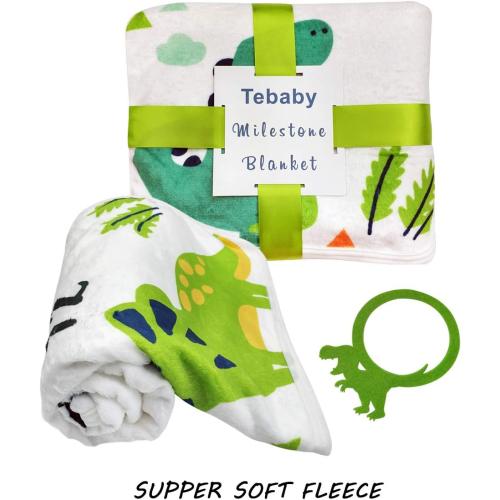 White And Dinosaur Print Baby Monthly Milestone Blanket Boy - Dinosaur Neutral Newborn Month Blanket for Boy & Girl Personalized Shower Gift Soft Plush Fleece Photography Background Prop