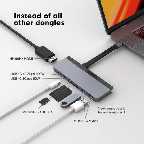 HyperDrive Duo 7-in-2 MacBook USB C Hub — for Mac w/Dual Ports, 4K60Hz HDMI, 40Gbps USB-C 100W Power Delivery, USB-A, SD/MicroSD, Magnetic Mount — (Space Gray)