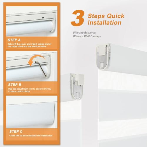 Persilux No Drill No Tools Custom Size Zebra Blind Dual Layer Privacy for Day and Night Window Blinds Light Filtering Cordless Windows Shades for Windows,Easy to Install Thermal Insulated Blinds,White