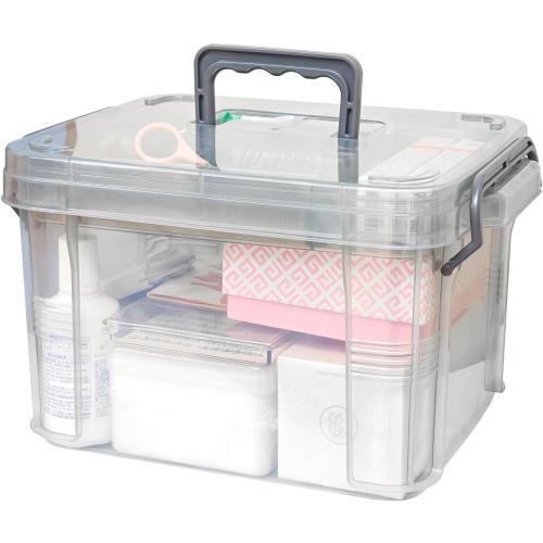 15qt Multi-Color Clear Medicine Organizer Storage Box (with Tray) - Thickened Plastic Empty First Aid Case   Handle | Portable Multipurpose Medical Caddy (Gray)