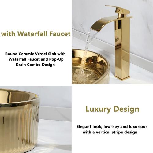 Bathroom Vessel Sink 15 Inch Gold Ceramic Vessel Sink with Waterfall Faucet and Pop-Up Drain Combo,Above Counter Round Bathroom Sink Bowl,Sink for Bathroom