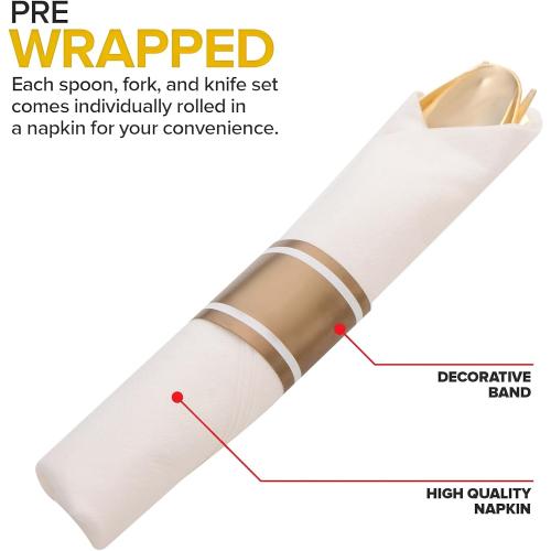 Set of 400PCS Pre Rolled Gold Plastic Silverware Sets - Heavy Duty Fancy Gold Cutlery - Include 100 Pack Wrapped Disposable Utensils with Napkins for Parties, Dinners & Weddings