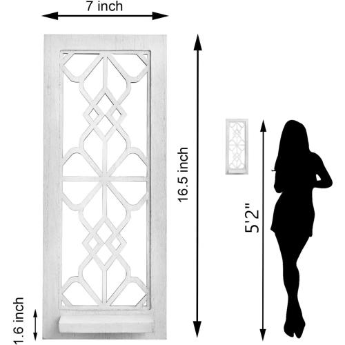 Wood Wall Sconce Candle Holder Set 2, Rustic Wall-Mount Candle Holders, Farmhouse Hanging Wall Décor, Carved Wood Frame, Mirrored Candle Holder (Distressed White)