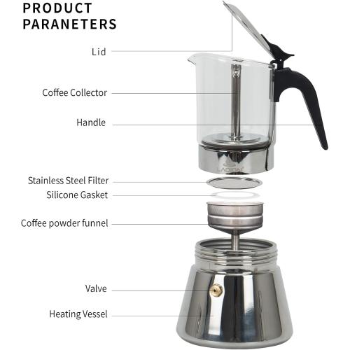 Stovetop Espresso Maker, 6Cup 240ml Classic Moka Pot, Crystal Glass-top & Stainless Steel Coffee Maker Mocha Pot, Greca De Cafe, Cuban and Italian Coffee Maker for Cafetera Cubana
