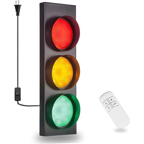 Traffic Light Wall Lamp Remote Control Retro Kids Bedroom Stop Light, Plug in Industrial LED Wall Sconce, 18.5’’ Vintage Fun Signal Lights for Home Office Bar Garage Car Room Decor Christmas