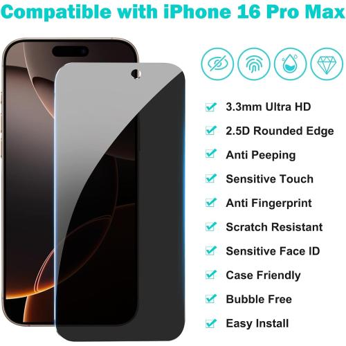 PEHAEL 3 3 Pack for iPhone 16 Pro Max Privacy Screen Protector with Camera Lens Protector Full Coverage Anti-Spy Tempered Glass Film 9H Hardness Easy Installation Bubble Free [6.9 inch]