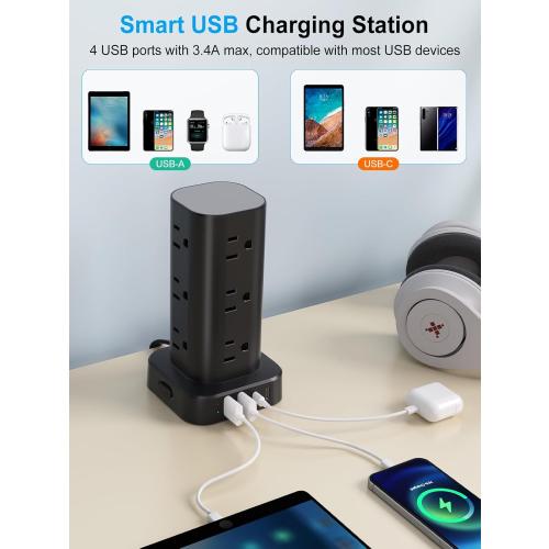Power Strip Tower with Multiple Outlets, Flat Plug Surge Protector Tower Extension Cord with 12 AC Outlets 4 USB Ports (2 USB C), 6FT Cord Power Tower Surge Protector for Home Office Dorm Room, Black