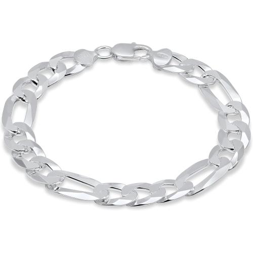 Aka Gioielli - Solid 925 Sterling Silver 11mm Diamond-Cut Figaro Link Chain - Bracelet for Men - Made in Italy