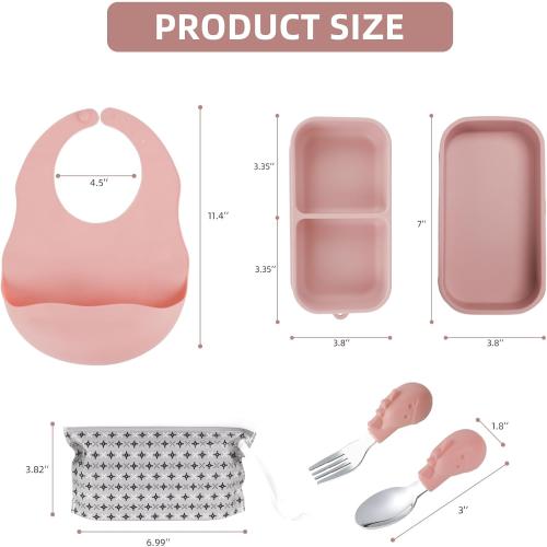 Travel Silicone Baby Feeding Set with 316 Stainless Steel Spoon & Fork ,Silicone Suction Plates, Foldable Bib, Storage Bag - Portable Infant Toddler Utensils, 6-Piece BPA-Free Dishware Kit（pink）
