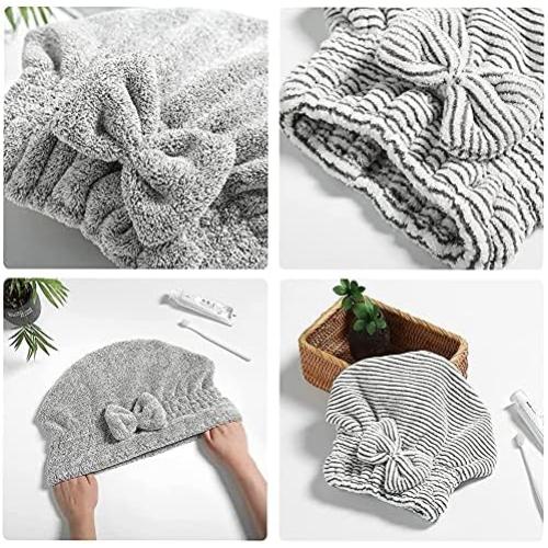 Microfiber Hair Towel Wrap, Soft Absorbent & Quick Drying Cap Set for Curly Thick Hair, Women & Girls - 2 Pcs (Stripe & Gray)