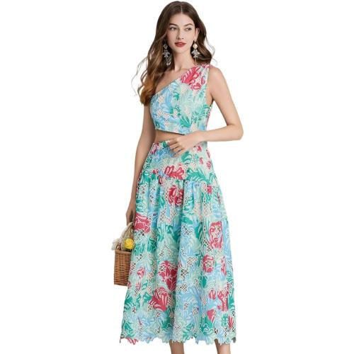 Size L/XLSunfere ..French Embroidery Cut-Out Print one-Shoulder, one-Waist Dress