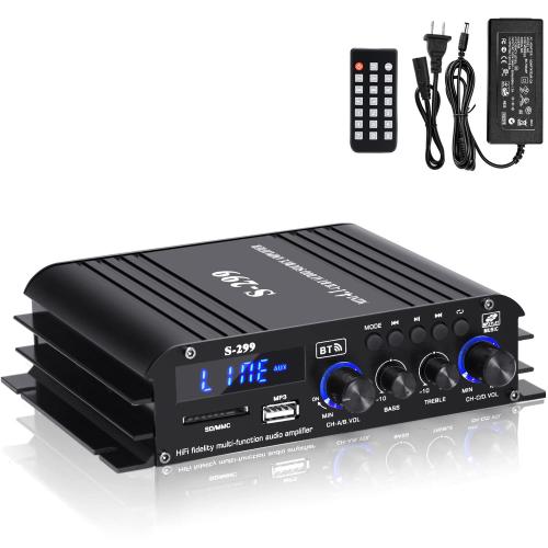 S299 Max 800W Bluetooth Home Audio Amplifier, RMS 40Wx4 4.1CH Bluetooth Power Amplifier with Active Subwoofer, Sound Audio System w/AUX, Headphone Jack, USB, SD, Remote Control - Suacopzar