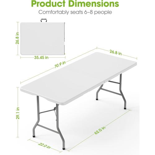Pureegg 6FT Folding Table - No Assembly Required, Versatile Dining Table with Carrying Handle & Tabletop Safety Lock, Portable Foldable Table for Party, Craft, Camping, Picnic, White