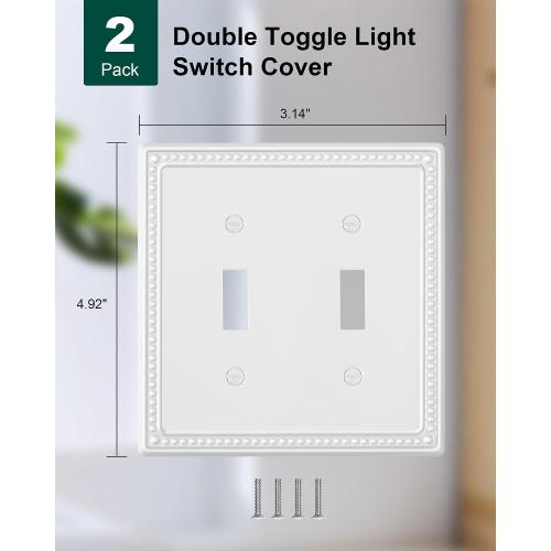 2-Pack Double Toggle Light Switch Cover Plate, Pearls Decorative Dual Switch Plate Covers, Pure White 2 Gang Metal Wall Plate, Corrosion Resistant