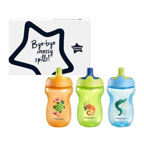 Tommee Tippee Sportee Water Bottle, for 12m , 10oz, Pack of 3 Non-Spill Sippy Cups for Toddlers, Orange, Green and Blue, with Bite-Resistant Spout, Easy-Hold and BPA Free | for 12m , Non-Spill, Sippy Cups, for Toddlers, Easy-Hold