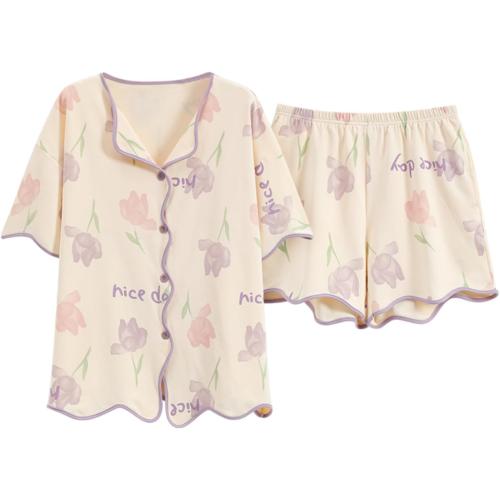 Size XL Cute Button Up Pajamas Women Summer Kawaii Pajama Set Short Sleeves Short Pants Cardigan With Pocket Pjs Sleepwear
