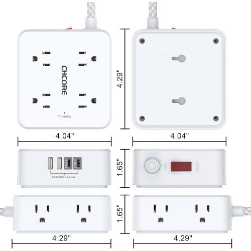 Surge Protector Power Strip - CHCORE 10 Ft Braided Extension Cord with 8 Outlets with 4 USB (2 USB C) Charging Ports, Flat Plug Multi Plug Outlet Extender Charging Station for Home Office, ETL, White
