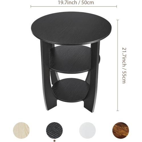 Round Side Table, Black, Modern Style | 3-Tier End Table with Storage, 19.7 inch, Nightstand for Bedroom Living Room, For Couch, Sofa, Recliner, Small Space