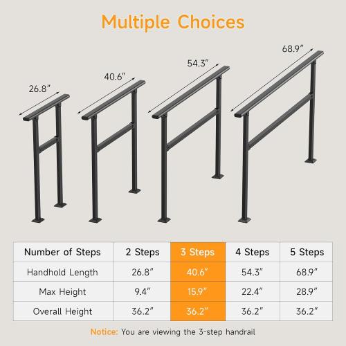 Hand Rails for Outdoor Steps, 2-5 Steps Wrought Iron Handrails for Outdoor Steps, Stair Railing for Porch, Home, Garden, Indoor, Staircase Handrails for Wooden, Cement, Brick, Marble (3 Steps)