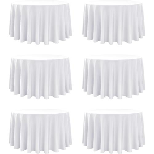 6-Pack White Round Tablecloths, 120 Inches, Stain-Resistant Polyester for 5-6 Ft Round Tables - Washable Table Covers for Weddings, Banquets, Birthday, Parties, Events