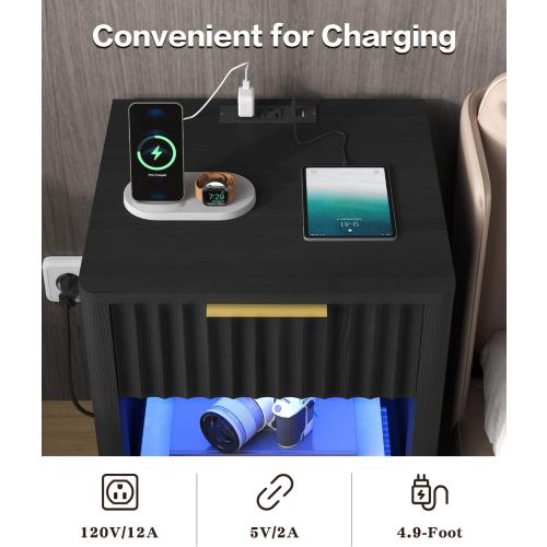 Akxomel Fluted Nightstands Set of 2, Wooden Night Stand with Charging Station and LED Light, Modern Mid Century End Table with Drawer, 15 D x 15.7 W x 22.6 H, for Bedroom, Black